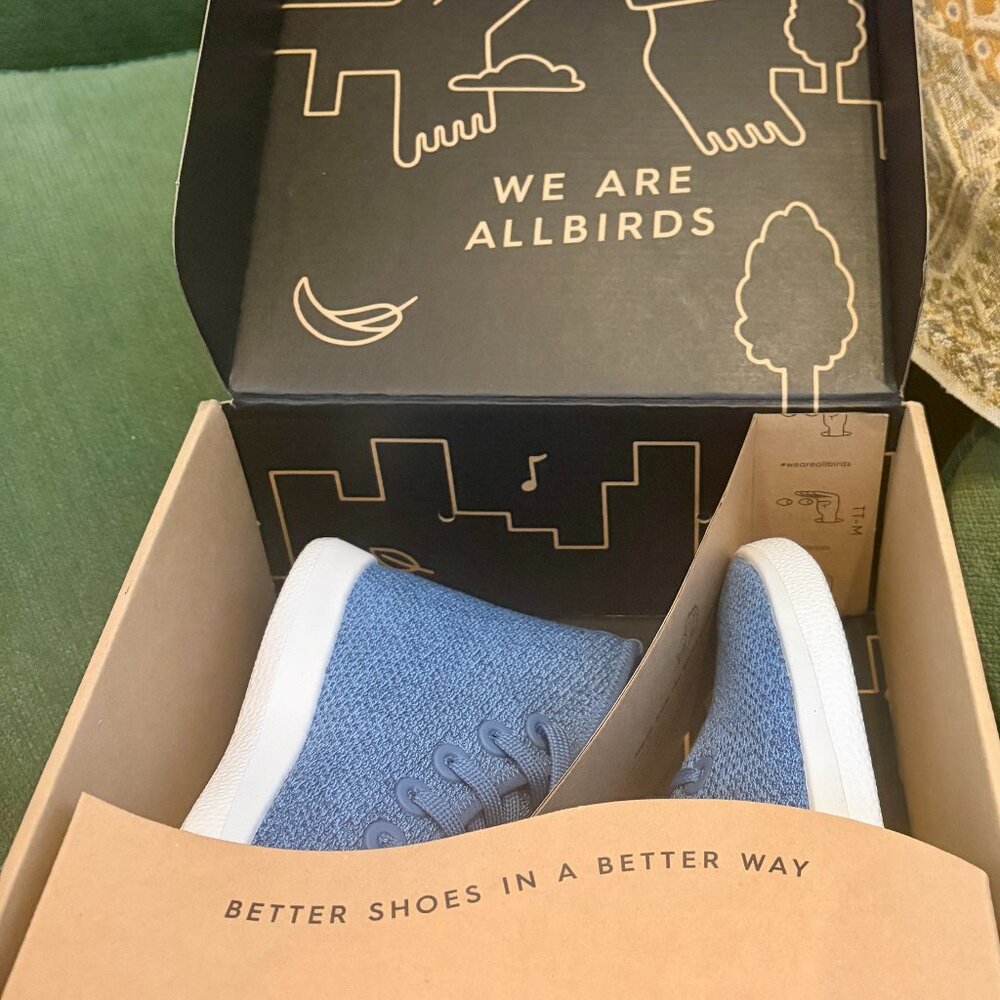 Brand new in box Allbirds tree topper shoe; rare Nikou Sapphire white sole